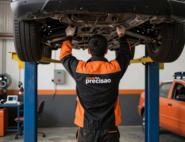 Mechanic inspecting a car engine in a modern workshop with orange and black accents.