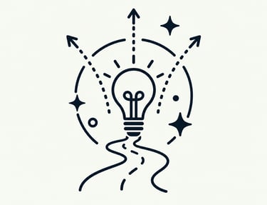 Minimalist light bulb icon with arrows and a winding path representing creative ideas and innovation strategy.