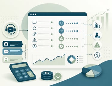 Business dashboard illustration featuring data analytics charts, financial icons, and a digital calculator.