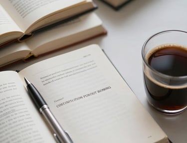 A cozy workspace with a laptop, coffee cup, and a notebook ready for notes.