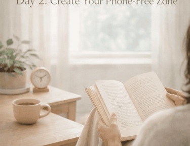 A person reading a book in a cozy phone-free zone with a cup of coffee and morning light.