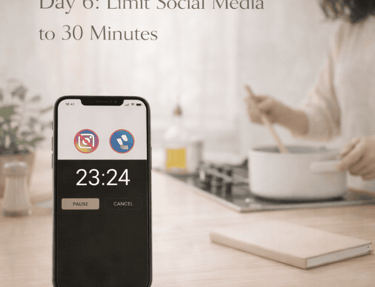 Smartphone showing a 30-minute social media time limit app on a kitchen counter.