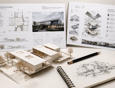 Maqueta arquitectónica y bocetos para el diseño de un centro cultural moderno, incluyendo planos de 