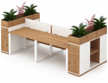 Modern 2-person wooden office workstation with integrated planters, privacy screens, and storage drawers.