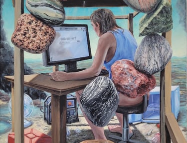 Surreal oil painting of a woman at a computer desk outdoors surrounded by floating rocks and debris.