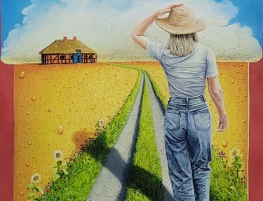 Surreal oil painting of a woman walking toward a cottage through a golden field shaped like a beer glass.