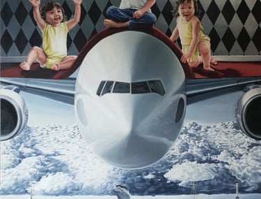 Surreal oil painting of children sitting on a large airplane flying over world landmarks and clouds.
