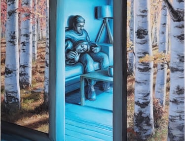 Surreal oil painting of a couple relaxing in a blue room framed by an autumn birch forest.