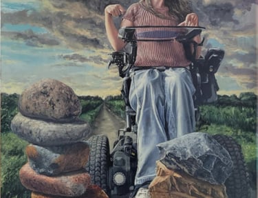 Oil painting of a woman in a motorized wheelchair on a road behind stacked rock cairns under a cloudy sky.