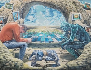 Surreal oil painting of a man and a stone statue sitting in a rocky cave overlooking a checkered horizon.