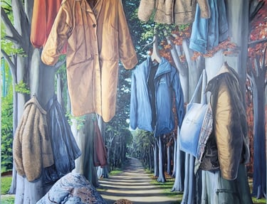 Surreal painting of various winter coats hanging on trees along a forest path with a small dog.