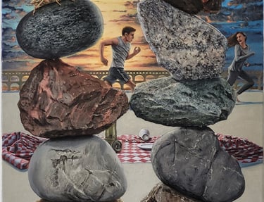 Surreal oil painting of balanced stone stacks with people running in the background at sunset.