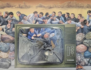 Surreal oil painting of politicians fighting behind a cracked vintage television and a stone wall.