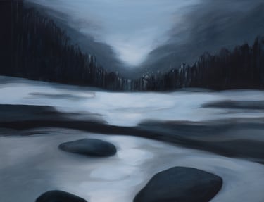 Vincent Ganaye - a painting of a river with rocks and trees