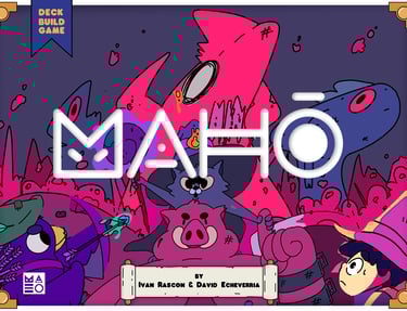 Portada de la caja de Maho, juego de mesa de construcción de mazos deckbuilding