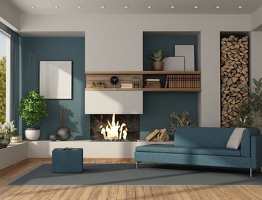 salon rénové avec mur bleus et cheminée