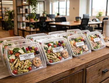 Cajas de comidas frescas para catering corporativo con pasta de pollo a la parrilla y ensalada.