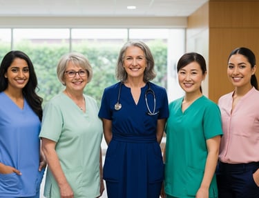 A smiling and confident group of female doctors, GPs and menopause healthcare specialists