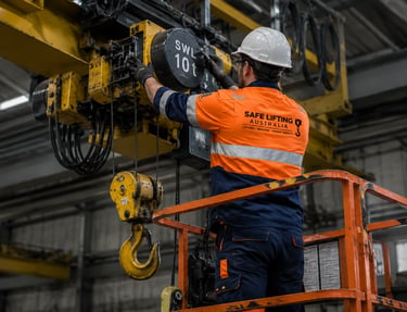 technician carring out crane service and inspecting the hoist