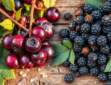 side-by-side comparison of fresh elderberries on one side,  and dried elderberries on the other