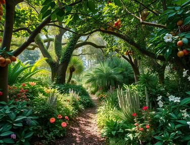 A lush, vibrant food forest with a diverse array of fruit and nut trees, berry bushes, and edible pl