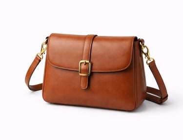 Brown leather shoulder bag with flap closure and adjustable strap