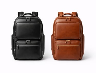 Leather travel backpacks with padded straps and front storage pockets