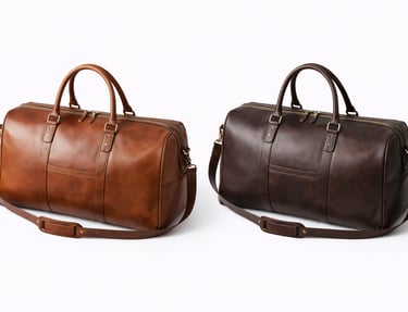 Leather weekender bags with wide opening and carry handles