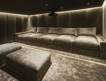 Luxury home theater with custom chaise lounges, matching ottomans, and upholstered wall panels, crafted by Solo Home Decor