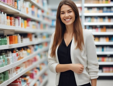 A person holding a shopping basket filled with fresh green basil, carrot tops, a paper bag, and a glass bottle of milk. The scene is set in a grocery store with fruits and vegetables displayed on shelves in the background.