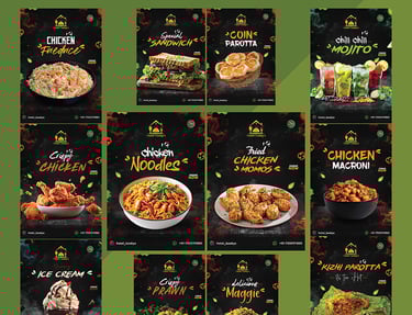 Digital marketing poster for a restaurant featuring high-quality images of signature dishes