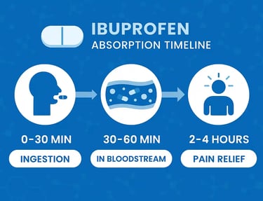 Infographic showing how ibuprofen is absorbed into the body, including stomach, bloodstream, and time-to-effect visuals