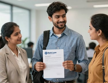 Professional Indian student holding admission letter and backpack, smiling with parents beside him, 