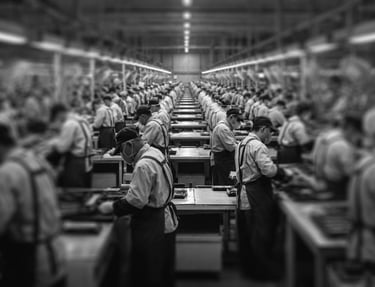 view of a large factory where lines of workers are in assembly lines