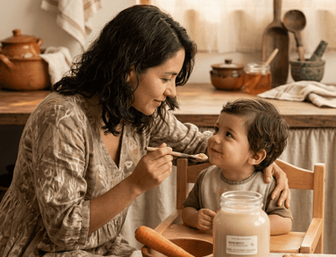 Una amorosa mama dando de comer a su hijo