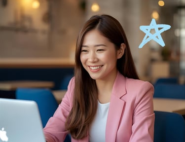 A woman looking into her computer and smiling.