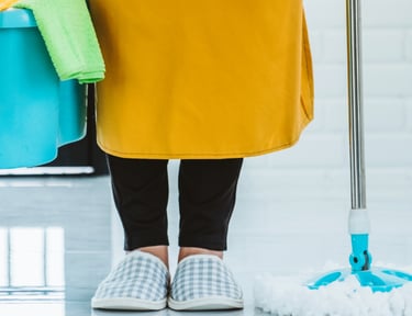 a woman in a yellow dress holding a mop and cleaning supplies
