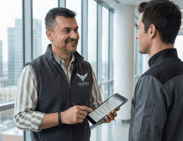 Supervisor de calidad realizando control periódico de servicios de mantenimiento y limpieza - Valkiria elite global service