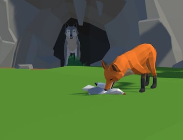 a foxy is standing in a field with a dog