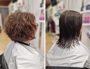 Hiustenleikkaus luonnonkiharat hiukset kerrostus kampaamo raisio