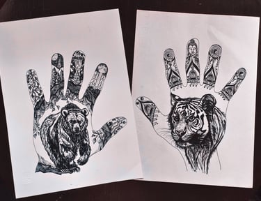 duo hand handgetekend krachtdier tijger beer