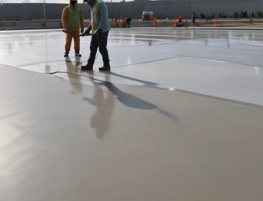 Contractor applying a protective concrete coating with a spray system.
