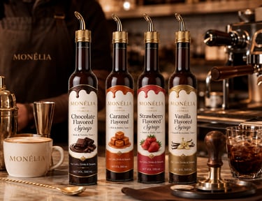 MONÉLIA syrup bottles with café tools for professional beverage service FLAVOR PROFILES