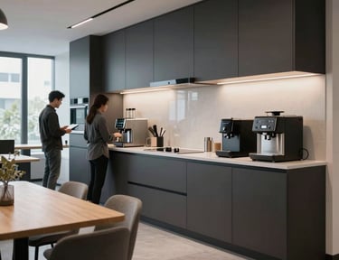 Close architectural detail of a workspace transition zone — a pale oak partition wall meeting a deep teal acoustic panel, joinery edge visible in sharp focus, soft natural light from the left creating clean shadow lines across the material surface, no people, framed tight to emphasise material quality and geometric precision