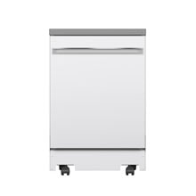 A compact white dishwasher with a gray top and sleek handle sits on four small wheels.