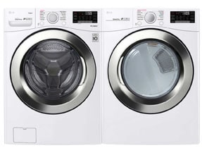 A matching set of a front-loading washer and dryer, both in white with silver doors and control panels on top.
