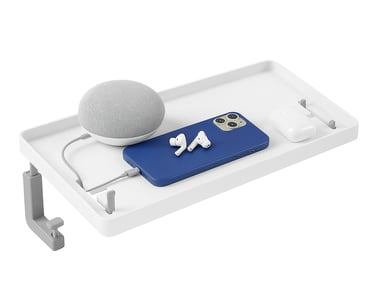 Wooden charging dock with phone watch and AirPods on white