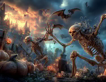 Album art for EmberVox song showing a skeletons in spooky graveyard