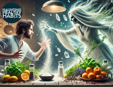battling the Salt Siren in a surreal kitchen setting. HauntingHealthyHabits.com