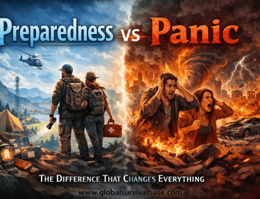 A split image contrasting emergency preparedness with survival gear against chaotic disaster panic.